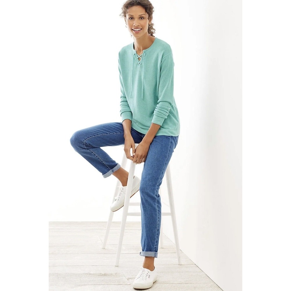J. Jill NWT XSP Lace-Up Pullover Sweater Relaxed Fit Topaz Heather Teal - Picture 2 of 7